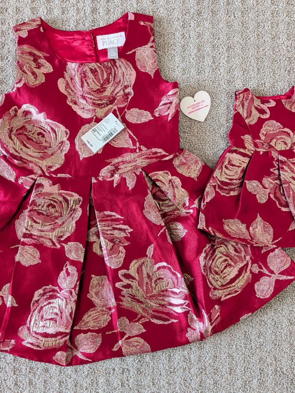 Children's Place 4T Red Jacquard Rose Dress With Matching Doll Dress